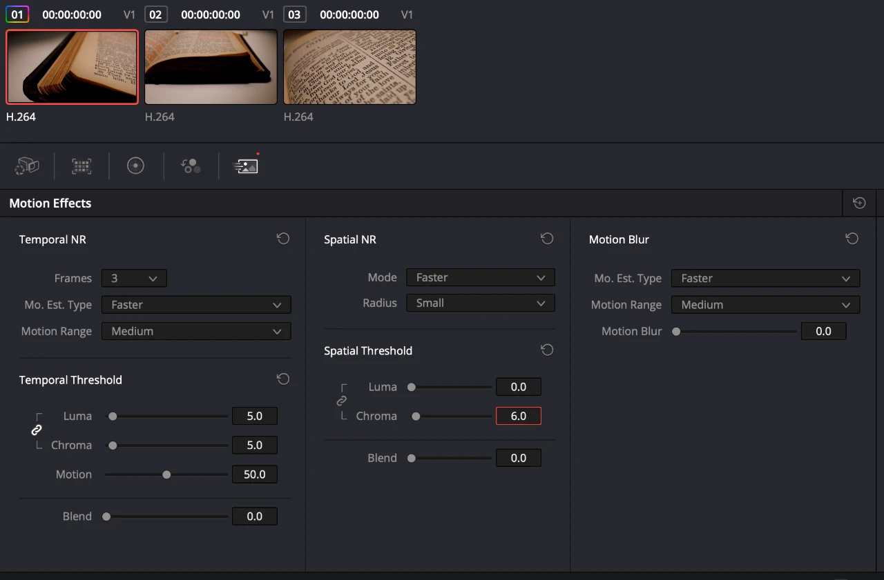 Noise reduction settings in Resolve.