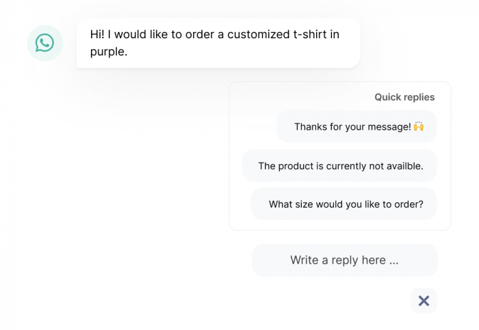 An example of using quick replies to answer WhatsApp chats via your website.