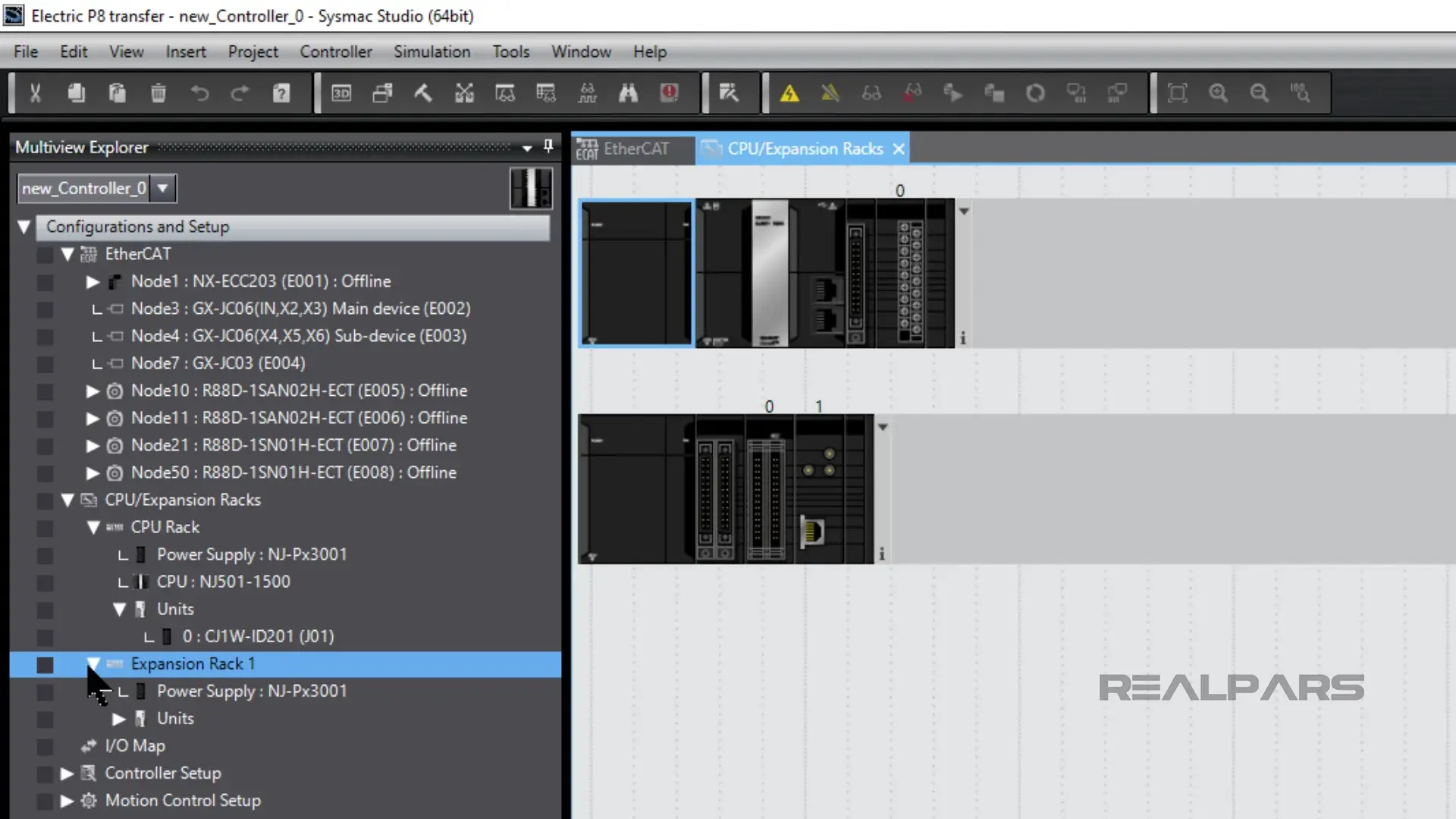 CPU Rack and Expansion Rack imported into Sysmac Studio