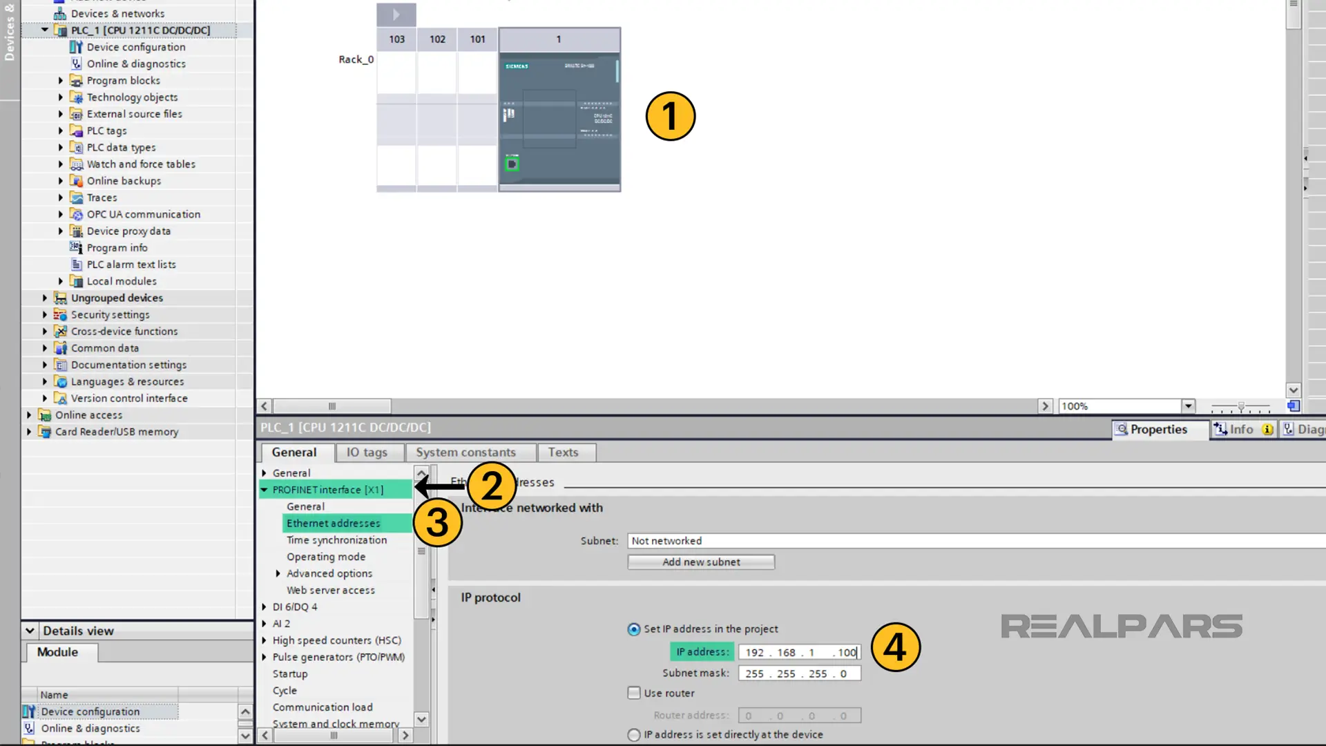 Configure the IP address of the PLC in TIA Portal