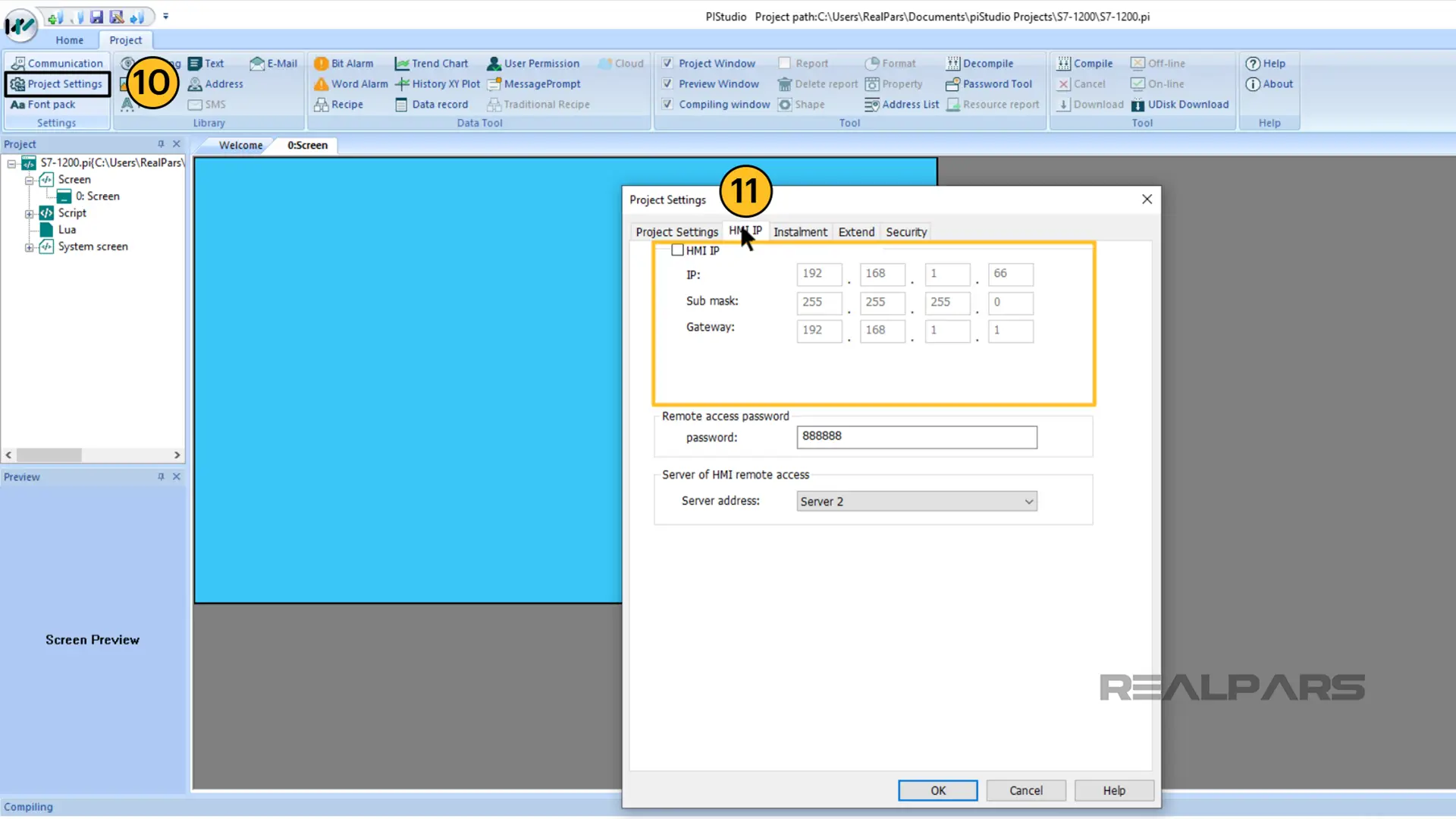 Specify the “IP address” of the HMI in piStudio