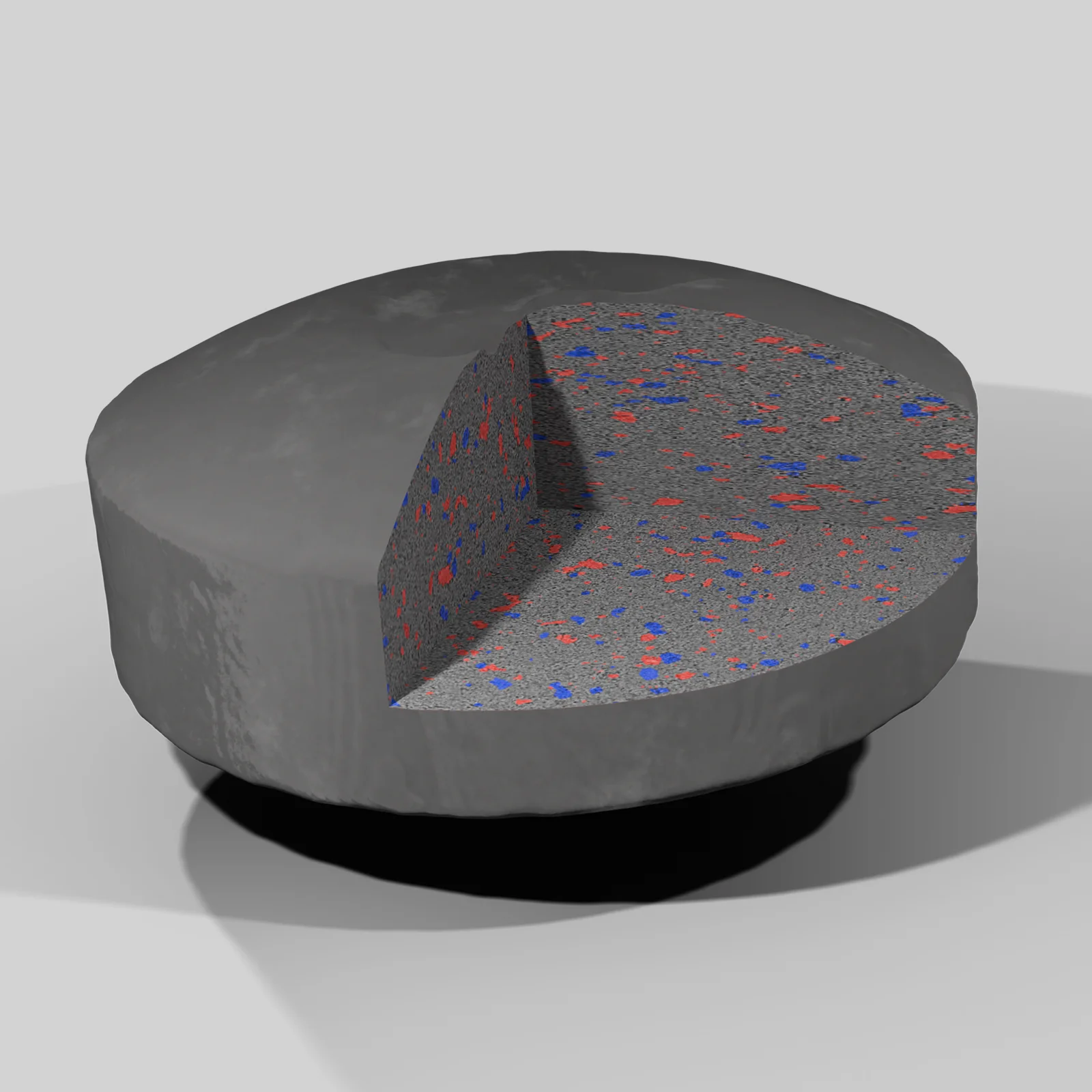 A blender 3D render of a micro-ct imaged tablet, after artificial intelligence segmentation tools have be used to identify its drug and pore microstructures.