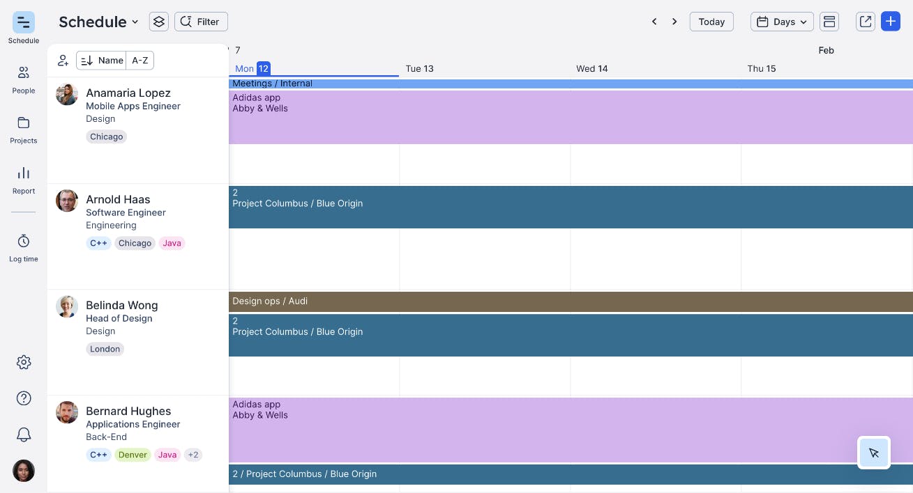 Projects on a team’s schedule in Float