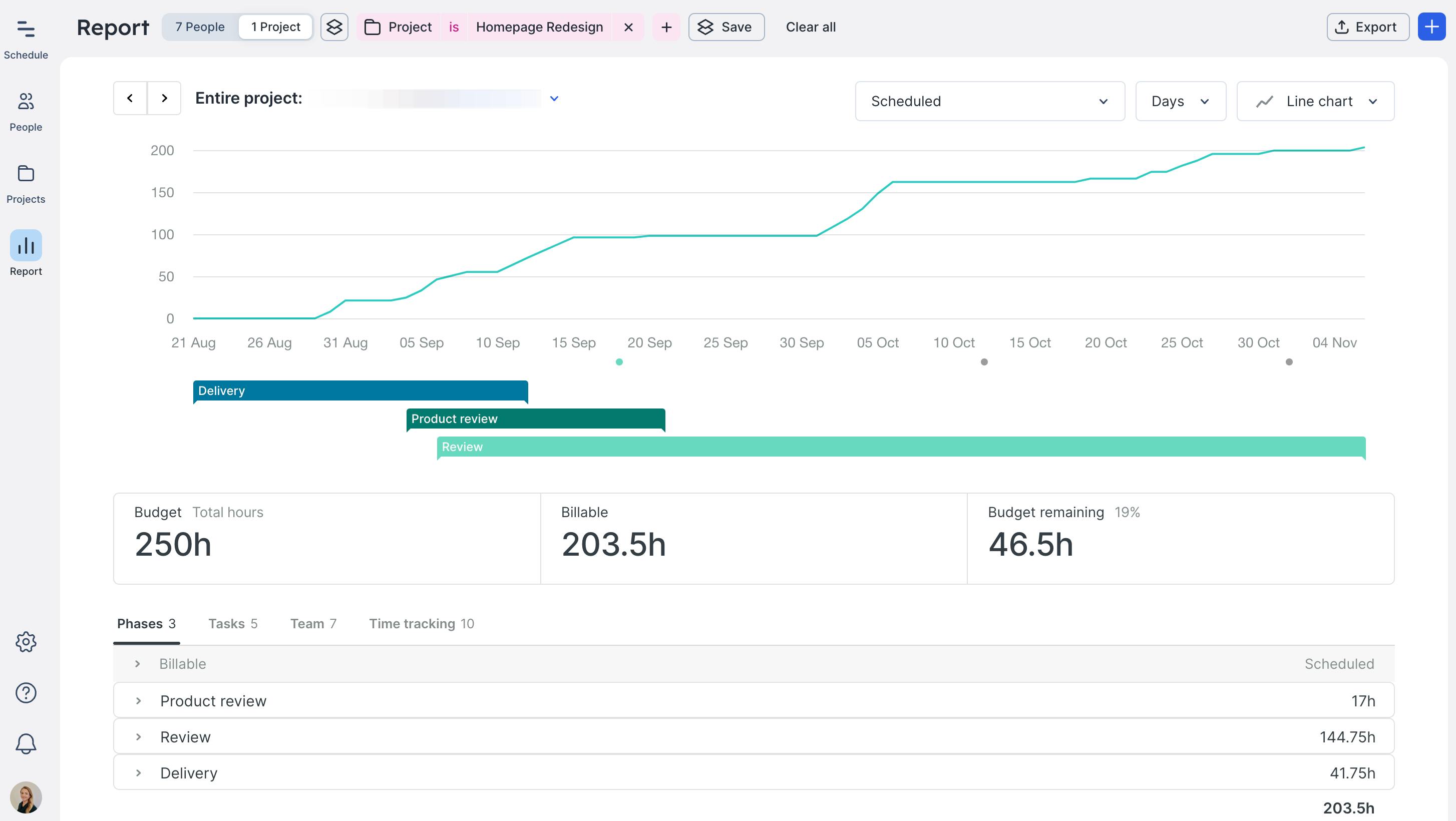 View of project budgets in the Report dashboard in Float.