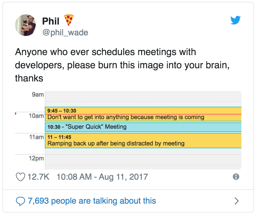 Post sur Twitter concernant la difficulté de se remettre au code après un meeting
