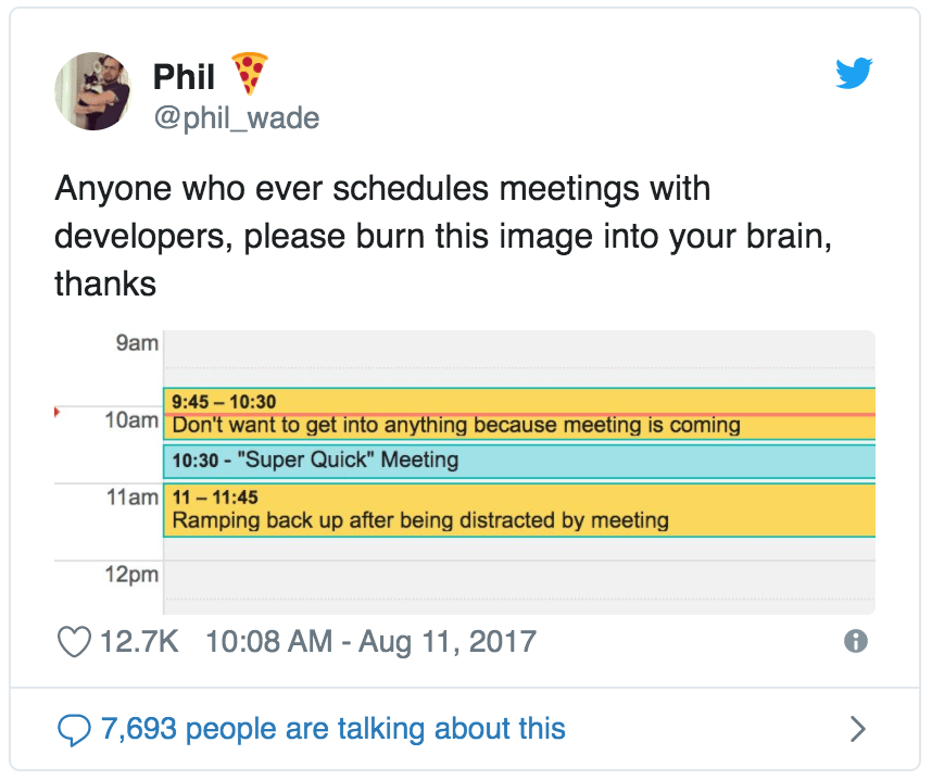 Post sur Twitter concernant la difficulté de se remettre au code après un meeting 