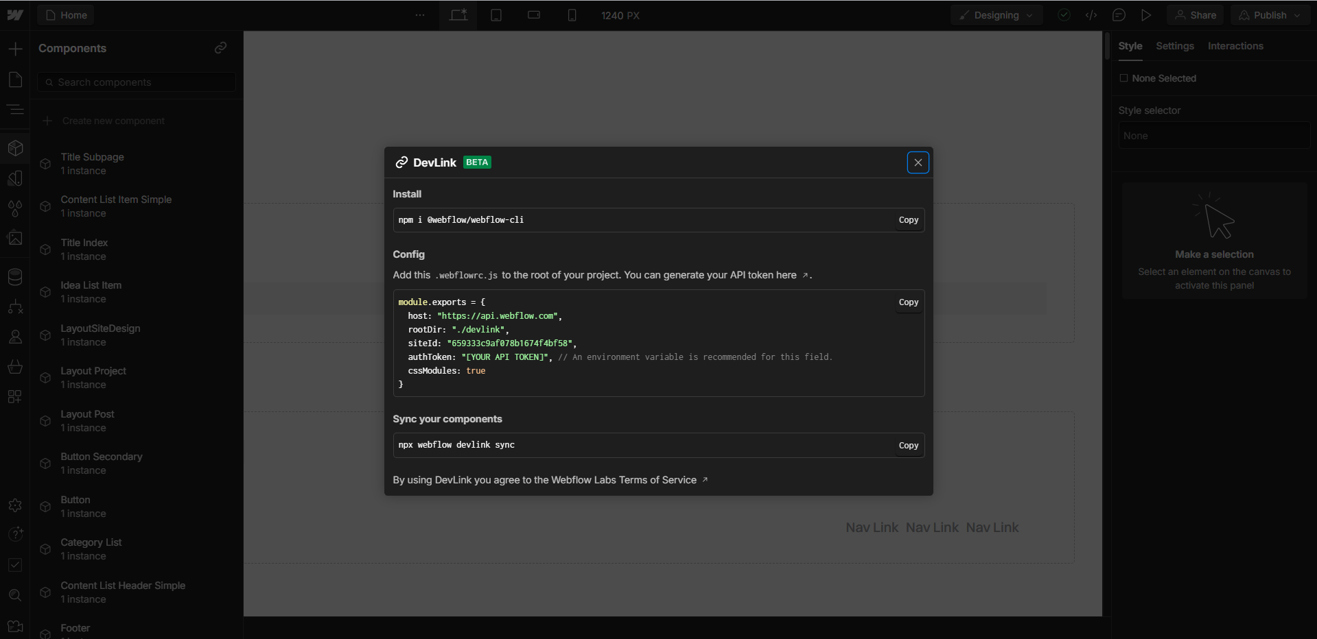 DevLink Webflow settings