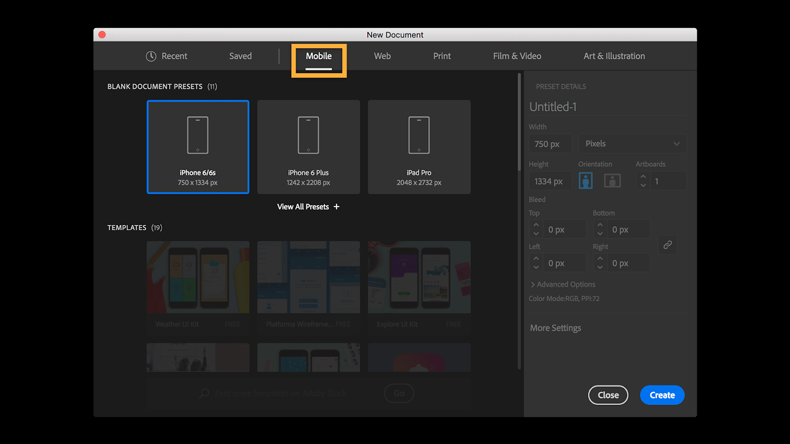 Selecting a screen size on Adobe Illustrator
