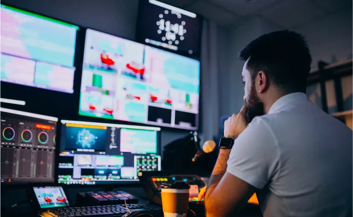 Broadcast producer looking at a panel of screens