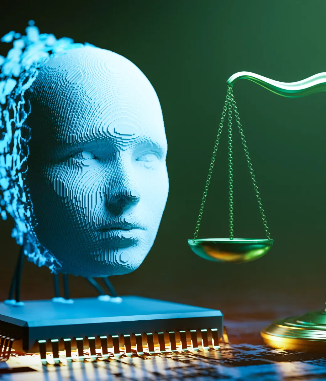 A robot face, a computer chip and justice balance