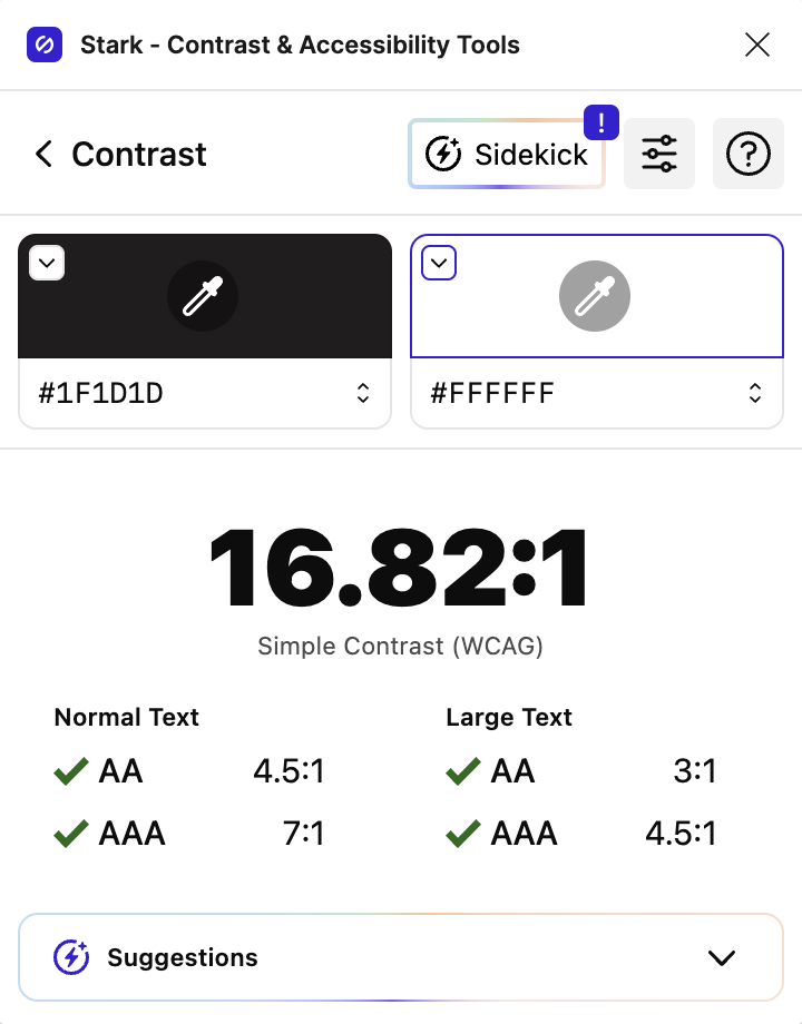 A screenshot of Stark. This tool gauges how accessible your colour choices are with text.