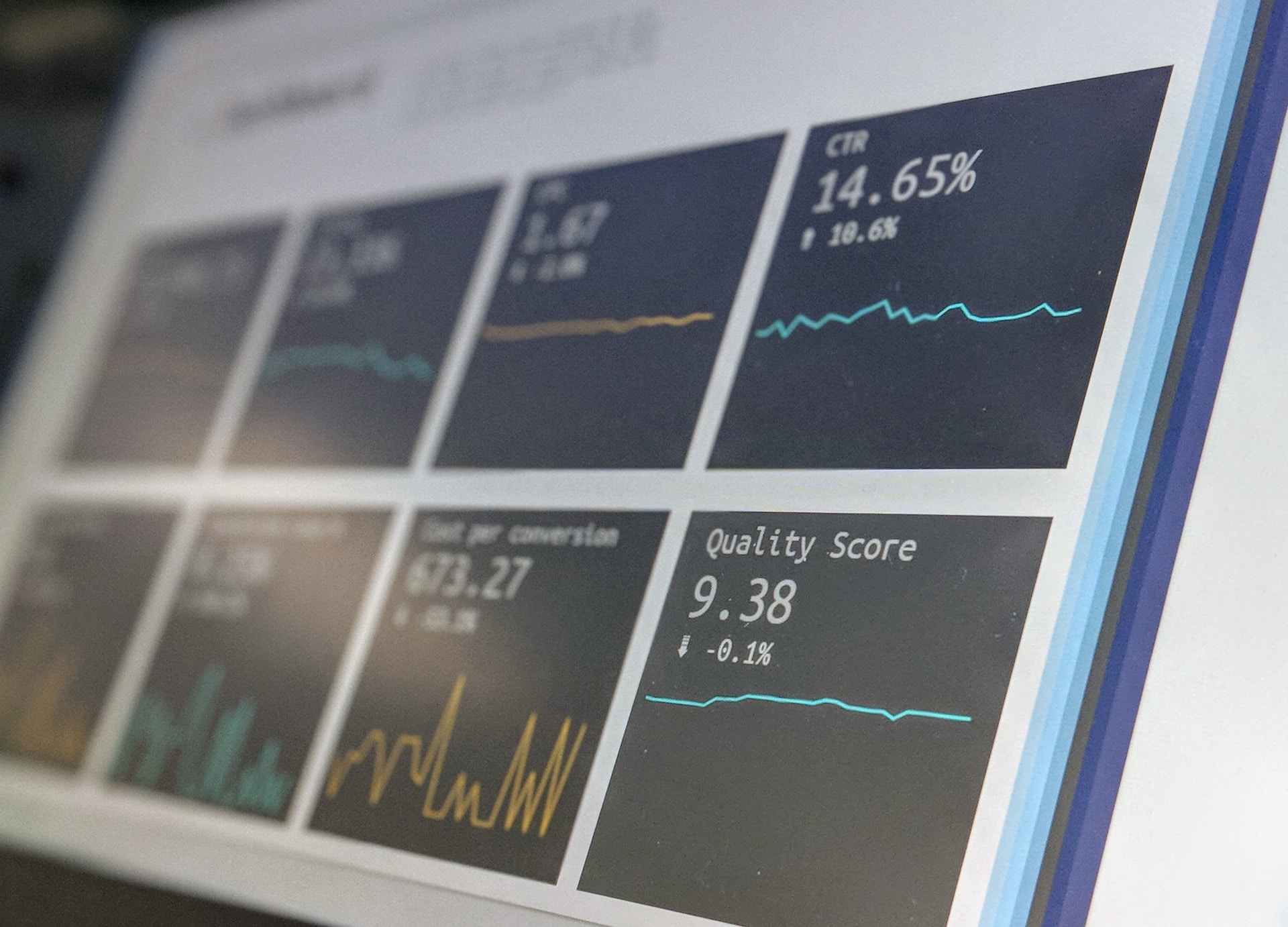 Display showing eight tiles with financial metrics visualizations.